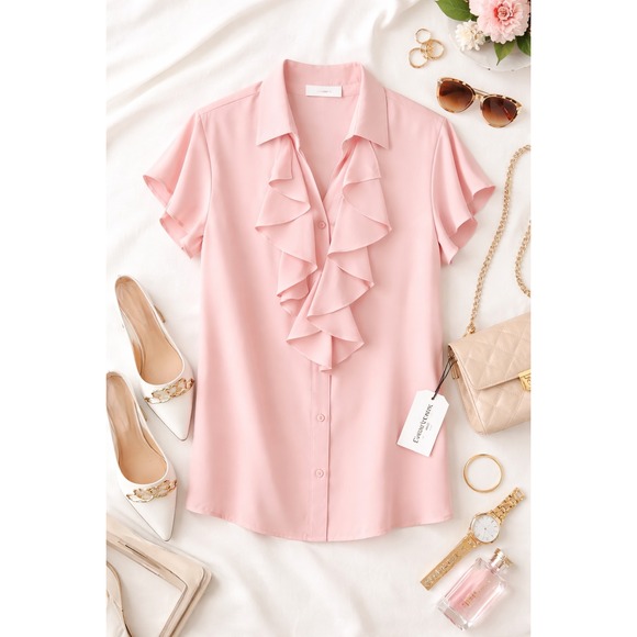 Calvin Klein Tops - Calvin Klein Pink Ruffle Front Short Sleeve Collared Blouse Top Plus 2X NWT
